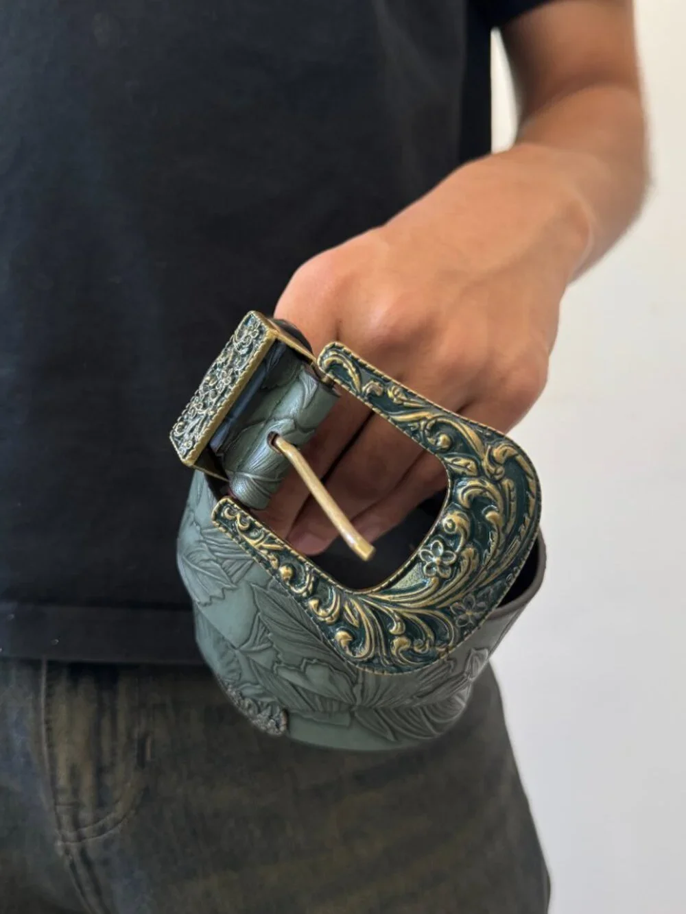 Sage Green Tooled Embossed Western Belt